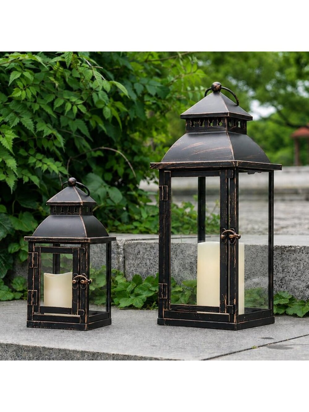 Large Bronze Metal Lanterns Set of 2 - Decorative Candle Holders for Indoor